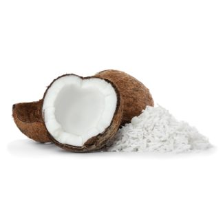 Heap of coconut flakes and fresh nut on white background