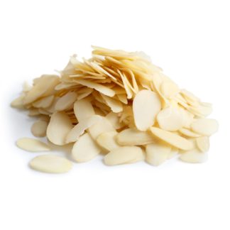 Pile of peeled flaked almonds isolated on white.